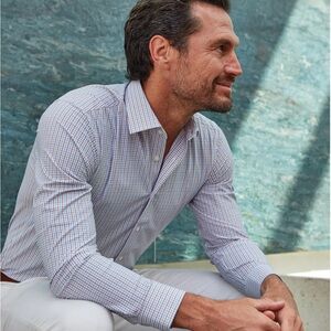 Collars & Co. Apex Performance Dress Shirt Tan & Blue Tattersall Size Small NWT